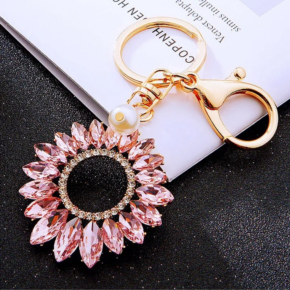 NEW Pink Rhinestone and Pearl Sunflower Keychain Bag Charm